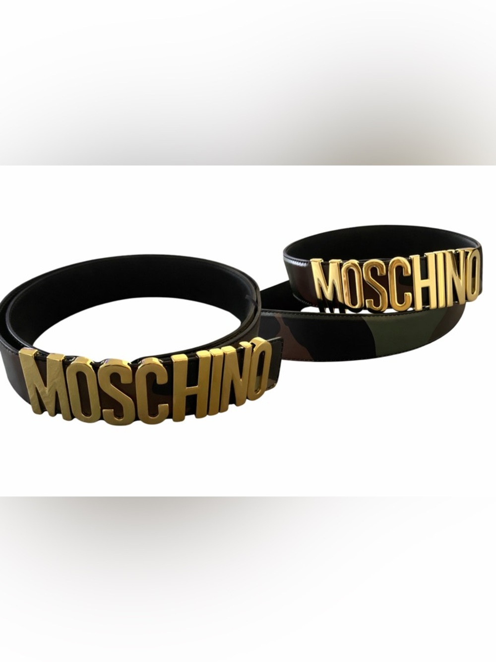 Moschino Couture Logo Belt Gold Buckle Black Camo